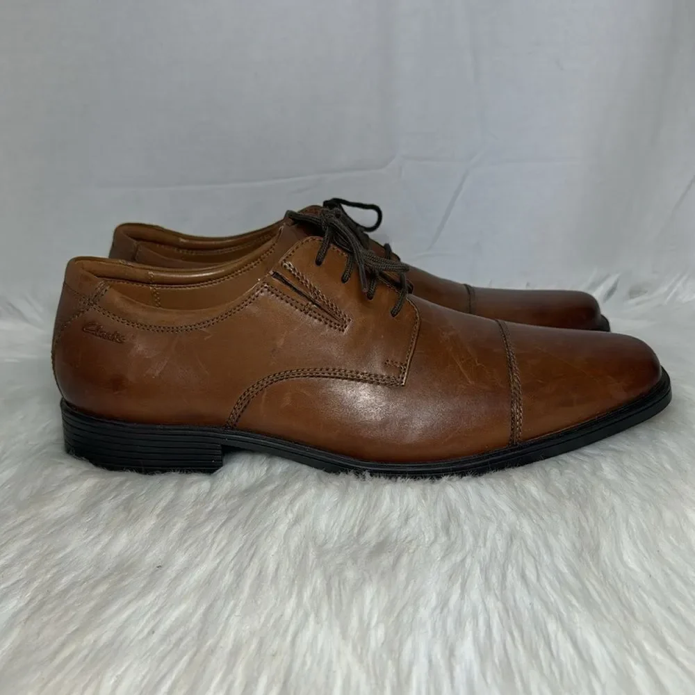Clarks Tilden Cap Toe Dark Tan‎ Leather Oxfords Sz 10.5